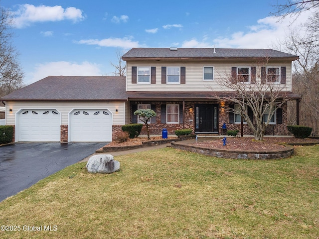 63 Pawling Ave, Mechanicville, NY 12118 - view of front facade featuring a porch, aphalt driveway, roof with shingles, a front yard, and an attached garage