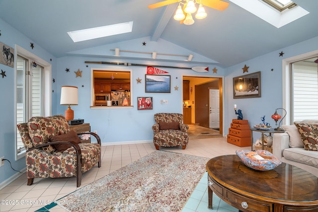 63 Pawling Ave, Mechanicville, NY 12118 - living room with light tile patterned floors, a ceiling fan, baseboards, and lofted ceiling with skylight