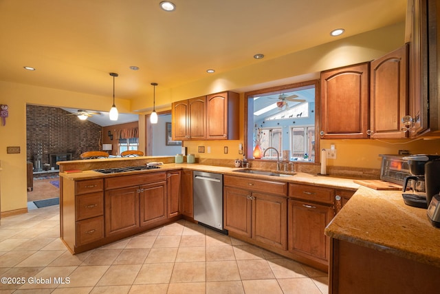63 Pawling Ave, Mechanicville, NY 12118 - kitchen with brown cabinetry, ceiling fan, dishwasher, and a sink