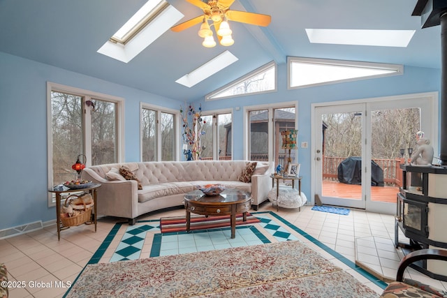 63 Pawling Ave, Mechanicville, NY 12118 - sunroom featuring lofted ceiling with skylight, tile patterned floors, visible vents, and french doors