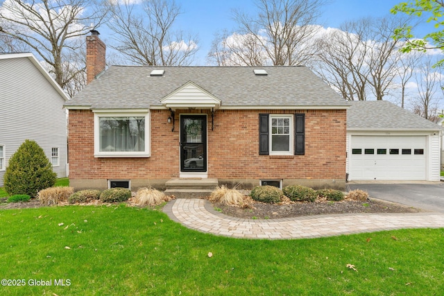 view of front of home featuring brick siding, a garage, roof with shingles, and aphalt driveway