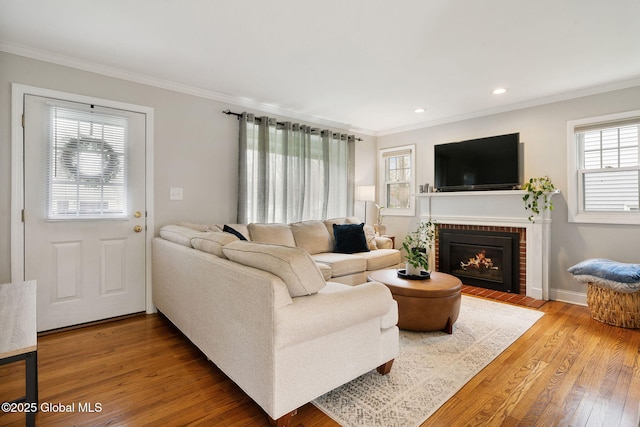 living area with crown molding, wood finished floors, and a wealth of natural light