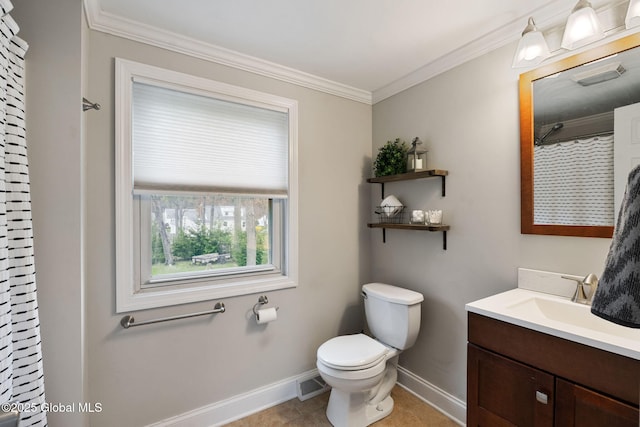 bathroom featuring crown molding, vanity, toilet, baseboards, and visible vents