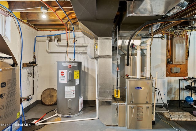 utility room featuring electric panel and electric water heater