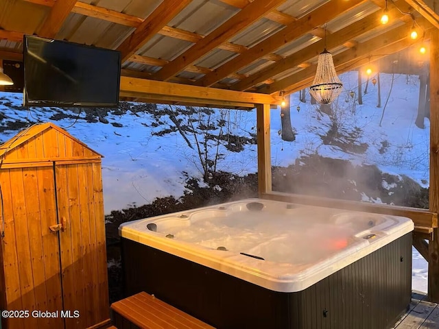 exterior space featuring a hot tub