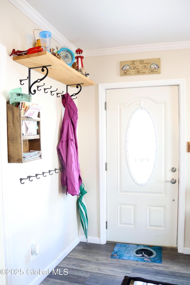 mudroom featuring baseboards, wood finished floors, and crown molding