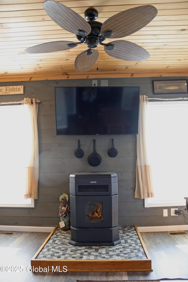 details with a wood stove, wood finished floors, a ceiling fan, and wood walls