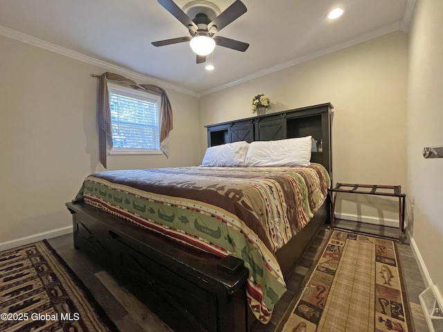 bedroom featuring baseboards, recessed lighting, and ornamental molding