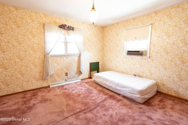 19 Centennial Dr, Queensbury, NY 12804 - bedroom featuring a baseboard radiator, wallpapered walls, carpet, cooling unit, and baseboards
