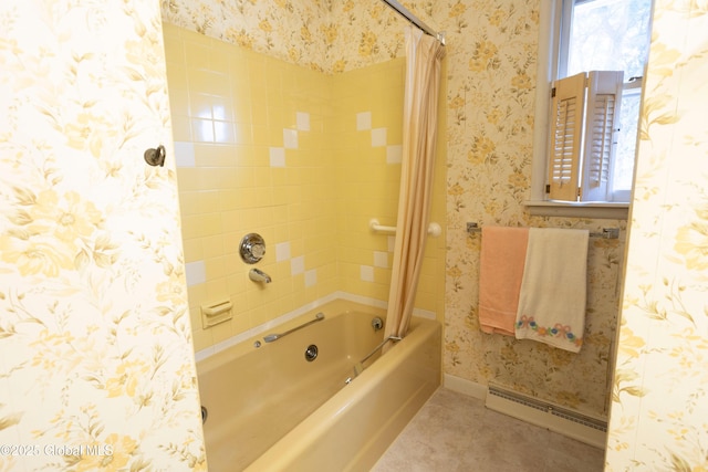 19 Centennial Dr, Queensbury, NY 12804 - full bathroom with a baseboard heating unit, shower / tub combo, wallpapered walls, tile patterned floors, and baseboards