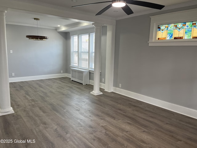 1441 Richard St, Schenectady, NY 12303 - unfurnished room featuring radiator, a ceiling fan, ornamental molding, and decorative columns
