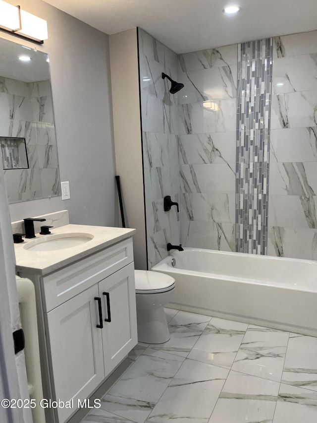 1441 Richard St, Schenectady, NY 12303 - bathroom featuring toilet, recessed lighting, bathtub / shower combination, vanity, and marble finish floor