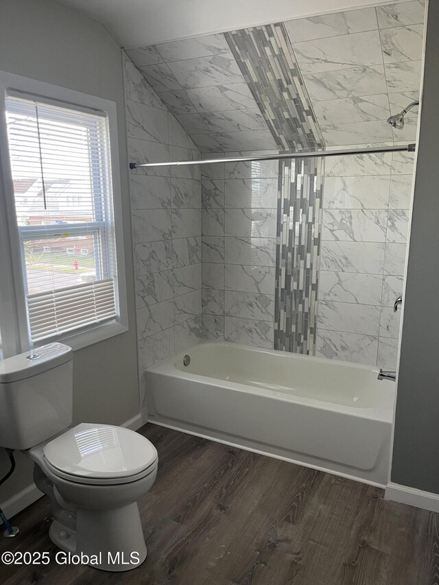 1441 Richard St, Schenectady, NY 12303 - bathroom featuring baseboards, wood finished floors, toilet, and shower / washtub combination