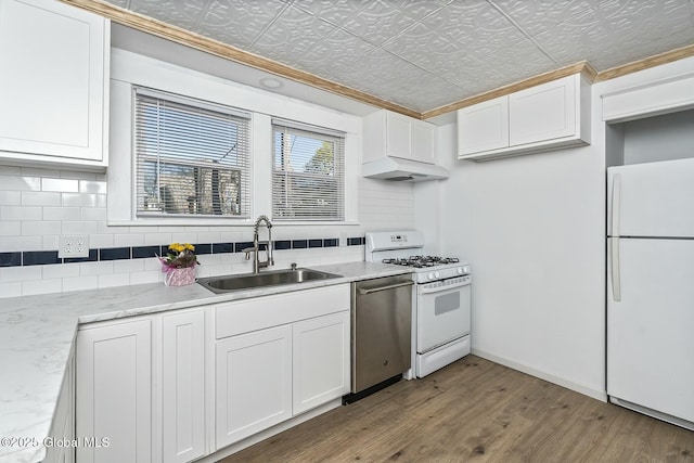 1261-1263 The Plz, Schenectady, NY 12308 - kitchen featuring white appliances, a sink, decorative backsplash, an ornate ceiling, and light wood finished floors