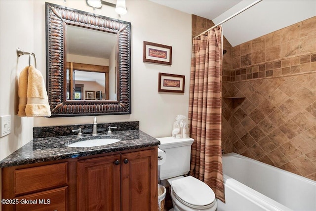 bathroom with toilet, vanity, and shower / bath combo with shower curtain