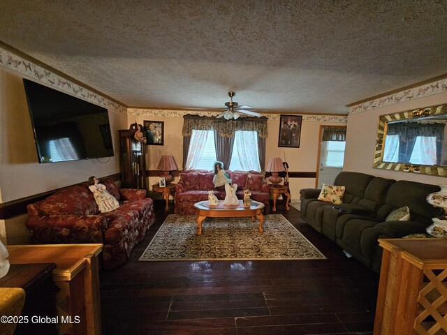 living area with ceiling fan, a healthy amount of sunlight, a textured ceiling, and wood-type flooring