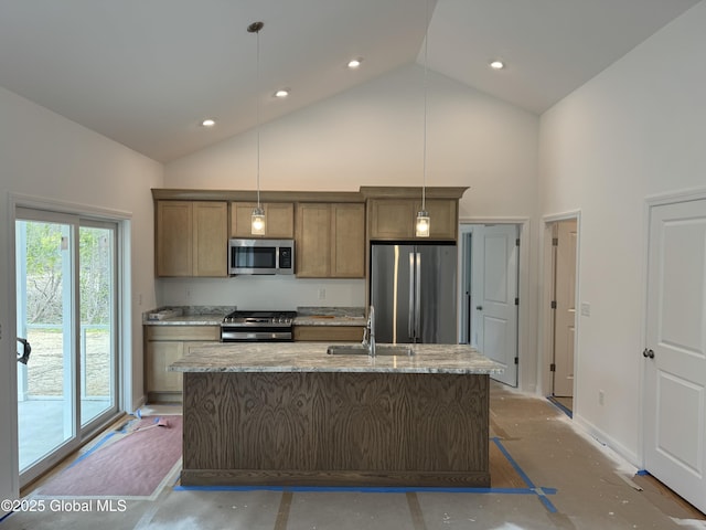 2 Birch Dr, Moreau, NY 12828 - kitchen with a sink, stainless steel appliances, a kitchen island with sink, high vaulted ceiling, and hanging light fixtures