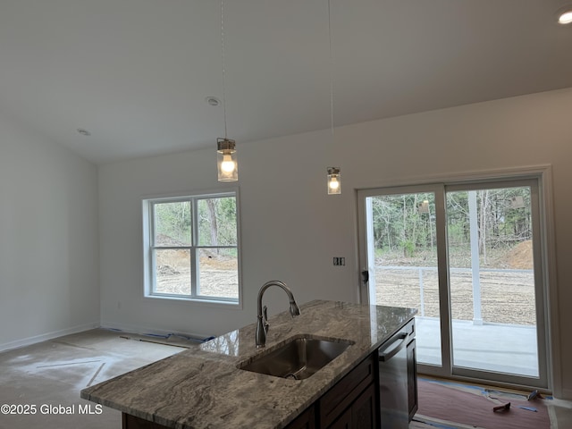 2 Birch Dr, Moreau, NY 12828 - kitchen with a sink, baseboards, pendant lighting, stainless steel dishwasher, and stone countertops