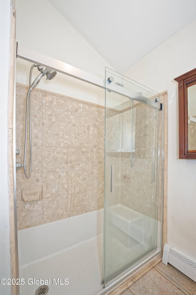 107 Wilderness Way, Stephentown, NY 12169 - full bath featuring baseboard heating, a stall shower, and vaulted ceiling