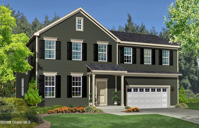 traditional-style home featuring a garage, driveway, and a front yard