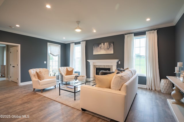 living room featuring a glass covered fireplace, ornamental molding, and baseboards