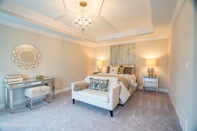 carpeted bedroom featuring ornamental molding, baseboards, visible vents, a raised ceiling, and a notable chandelier