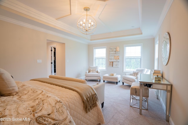carpeted bedroom featuring a raised ceiling, crown molding, and a notable chandelier