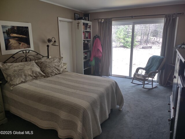 1486 County Highway 112, Caroga, NY 12032 - carpeted bedroom featuring access to outside and ornamental molding