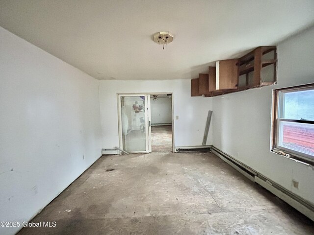 empty room featuring baseboard heating and a baseboard heating unit