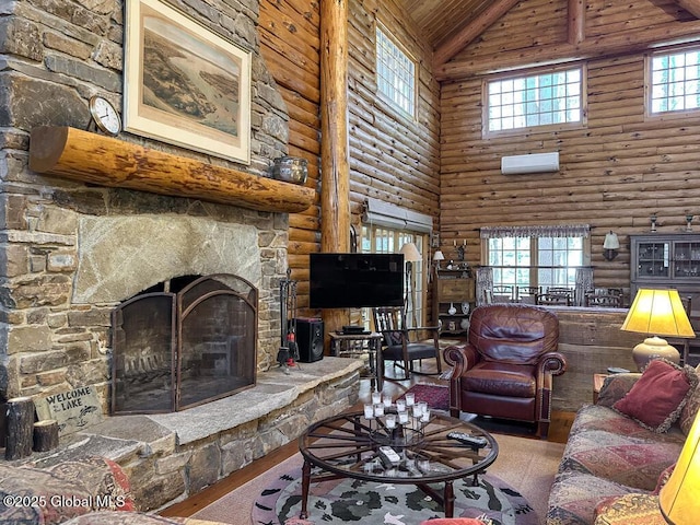 25 Birch Dr, Bolton, NY 12824 - living area featuring high vaulted ceiling, log walls, a fireplace, wood finished floors, and wood ceiling