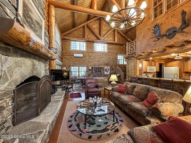 25 Birch Dr, Bolton, NY 12824 - living area featuring high vaulted ceiling, a chandelier, wood finished floors, wooden ceiling, and a fireplace