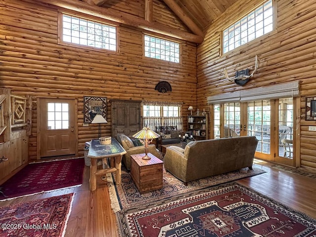 25 Birch Dr, Bolton, NY 12824 - living room featuring high vaulted ceiling, hardwood / wood-style flooring, rustic walls, french doors, and wooden ceiling