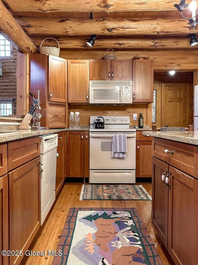 25 Birch Dr, Bolton, NY 12824 - kitchen with white appliances, light wood-type flooring, beamed ceiling, log walls, and wooden ceiling