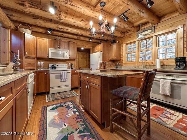 25 Birch Dr, Bolton, NY 12824 - kitchen with white appliances, wood ceiling, light wood finished floors, brown cabinetry, and beam ceiling