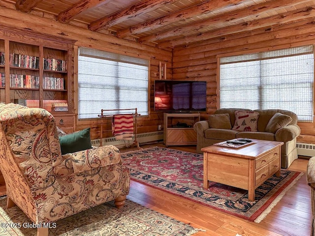 25 Birch Dr, Bolton, NY 12824 - living area with wooden ceiling, hardwood / wood-style flooring, beamed ceiling, and rustic walls