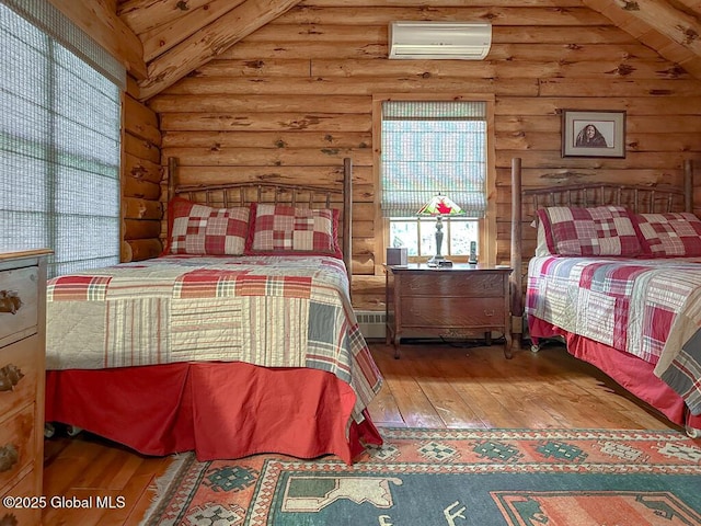 25 Birch Dr, Bolton, NY 12824 - bedroom with hardwood / wood-style flooring, rustic walls, an AC wall unit, and wood ceiling