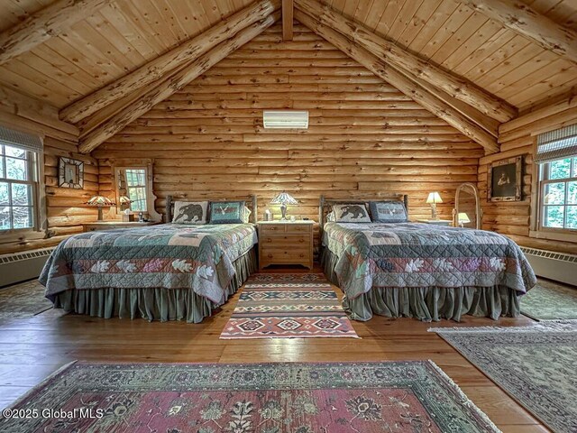25 Birch Dr, Bolton, NY 12824 - bedroom featuring log walls, wood-type flooring, wooden ceiling, beam ceiling, and high vaulted ceiling