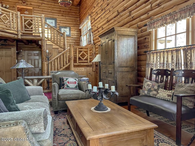 25 Birch Dr, Bolton, NY 12824 - living area featuring rustic walls and stairway