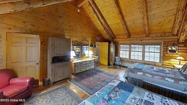 25 Birch Dr, Bolton, NY 12824 - bedroom featuring light wood-style floors, wood ceiling, beamed ceiling, wood walls, and high vaulted ceiling