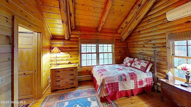 25 Birch Dr, Bolton, NY 12824 - bedroom with a wall mounted AC, multiple windows, wood ceiling, hardwood / wood-style flooring, and baseboard heating