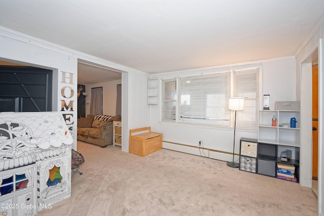 bedroom with crown molding, carpet, and a baseboard radiator