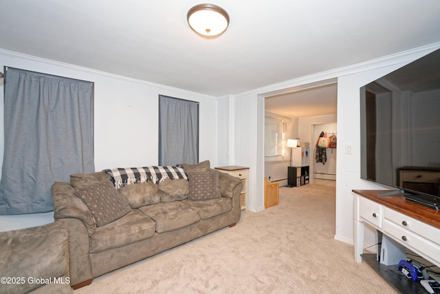 living room with crown molding, baseboard heating, and light colored carpet