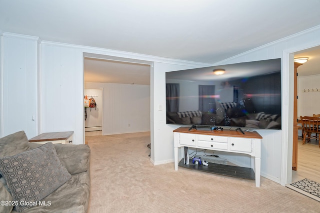 living room featuring carpet flooring, ornamental molding, and baseboard heating