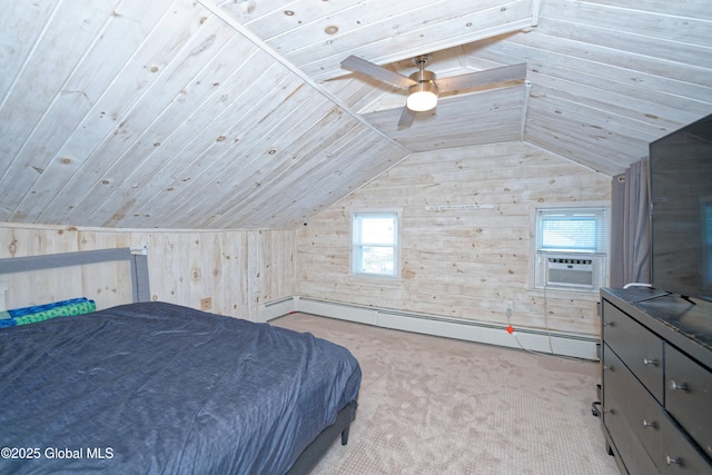 carpeted bedroom featuring wood ceiling, baseboard heating, vaulted ceiling, and wood walls