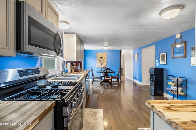 kitchen with baseboards, wood counters, appliances with stainless steel finishes, a sink, and dark wood-style floors