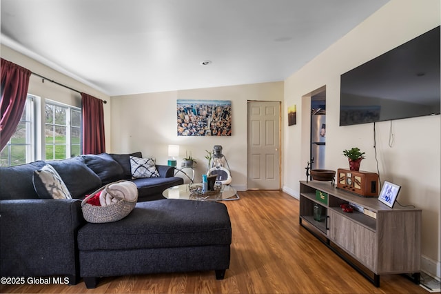 living room with baseboards and wood finished floors