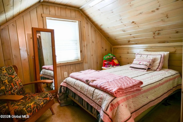 carpeted bedroom with wooden walls and lofted ceiling