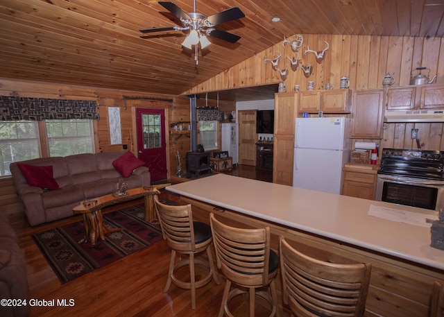 kitchen with wooden walls, under cabinet range hood, freestanding refrigerator, and stainless steel electric range