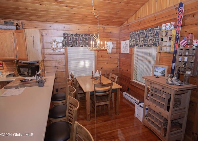 dining area with lofted ceiling, wood ceiling, wood walls, an inviting chandelier, and wood finished floors
