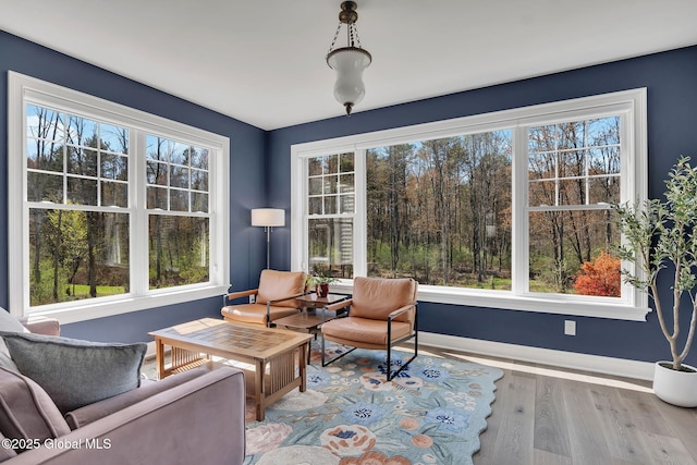 living area with a wealth of natural light, baseboards, and wood finished floors